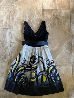 Evan Picone Black Bodice Midi Dress with Cream, Black & Yellow Abstract Skirt